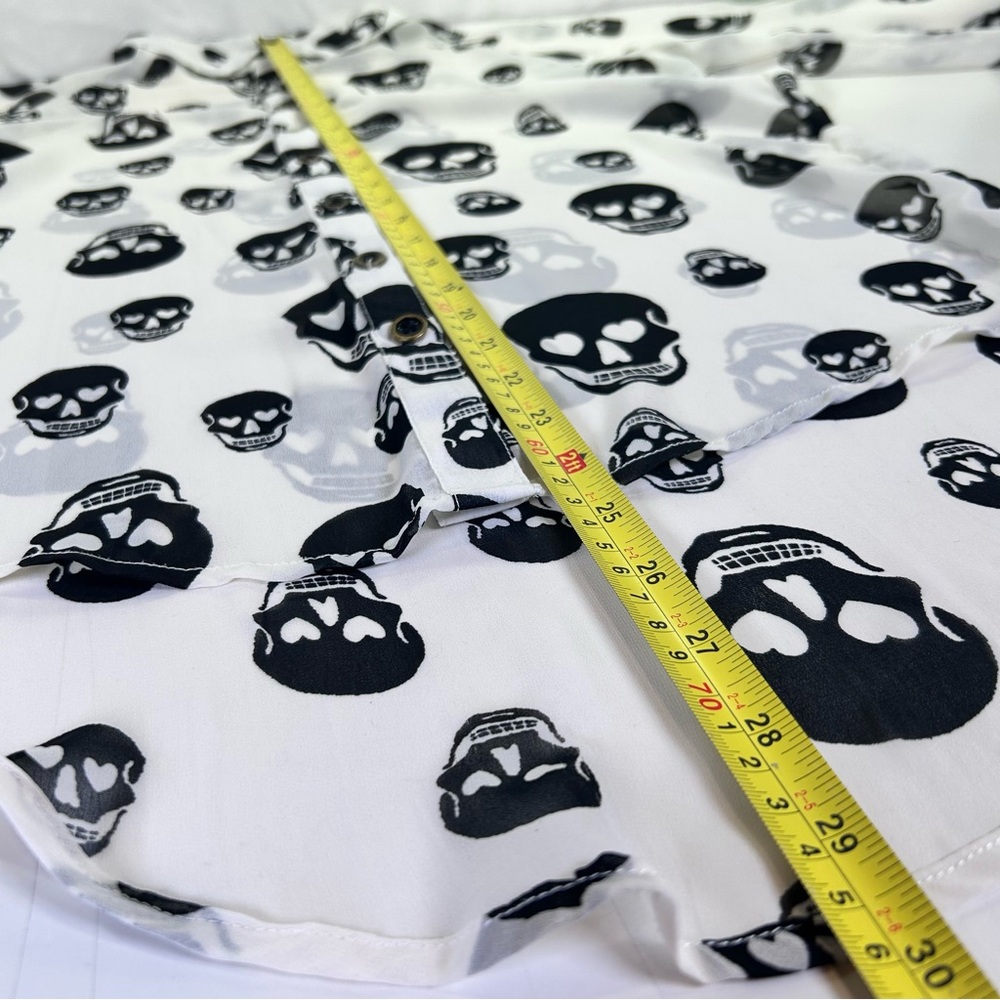 Fun & Flirt Sheer White Blouse, Black Skull Print Long Sleeve Button Down Size S - Picture 5 of 6